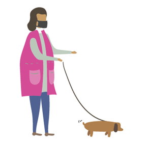Women wearing a mask walking her dog