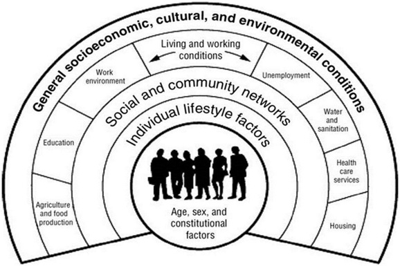 Diagram of the Dahlgren and Whitehead model of health determinants, showing the factors determining health in concentric layers.